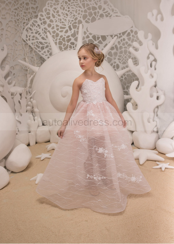 Beaded Blush Pink Lace Tulle Corset Back Flower Girl Dress Beaded Blush Pink Lace Tulle Corset Back Flower Girl Dress